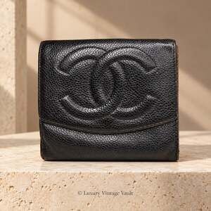 Vintage Chanel Black Caviar Leather CC Compact French Wallet 1996–1997 With Box